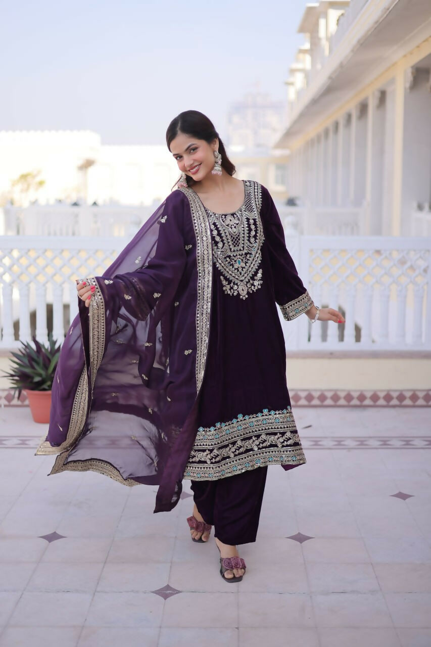 Teeya Creation Womens New Wine Velvet With Rich Zari Coding Embroidered Work Kurta Pant Dupatta Set | Grocsy