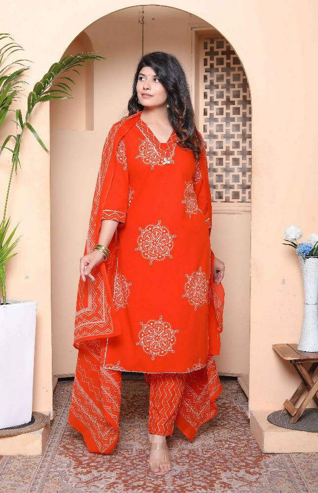 Miravan Womens Floral Printed Straight Fit Kurta With Palazzo And Dupatta - Orange | Grocsy