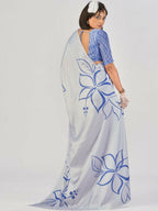 Vastranavya Sea Blue Satin Silk Elegant Printed Saree with Unstitched Blouse | Grocsy