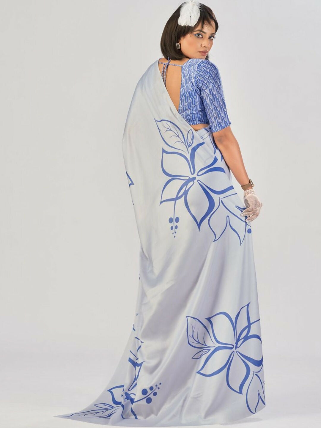 Vastranavya Sea Blue Satin Silk Elegant Printed Saree with Unstitched Blouse | Grocsy