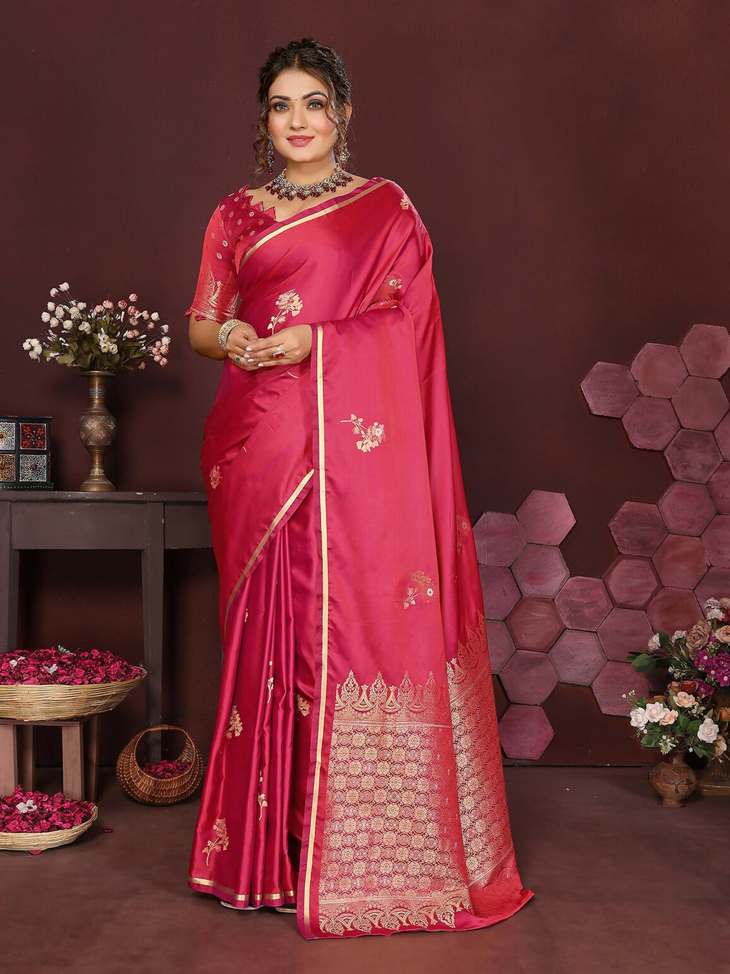 Joban Fashion Pink Floral Banarasi Silk Sarees | Grocsy