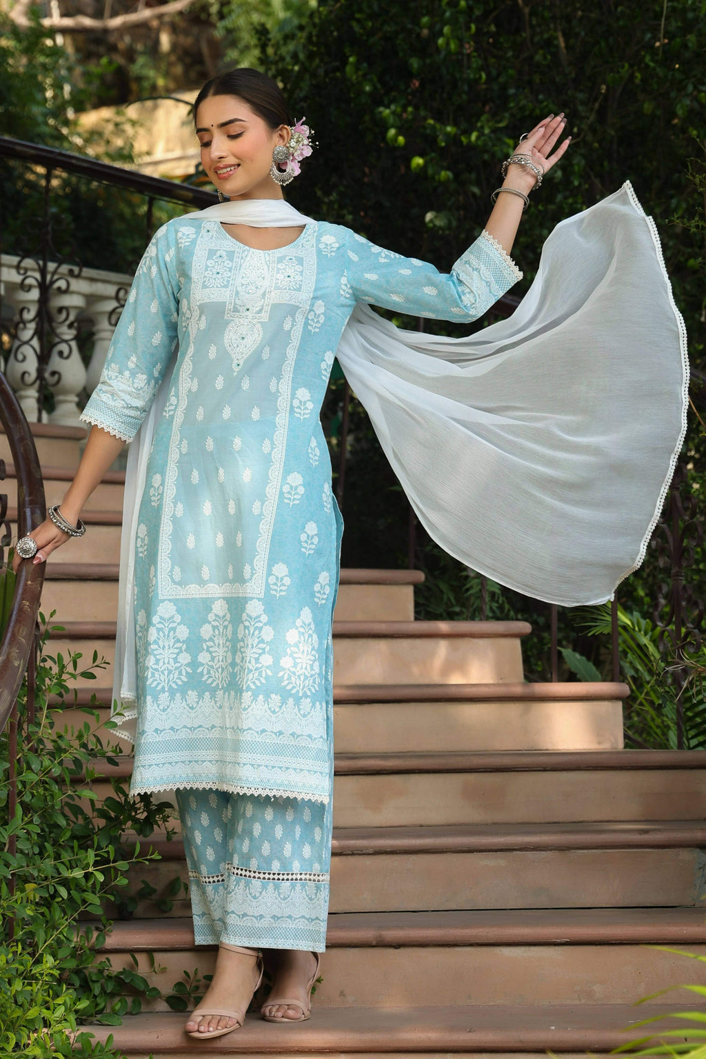 Juniper Women's Skyblue Printed Straight Kurta Sets | Grocsy