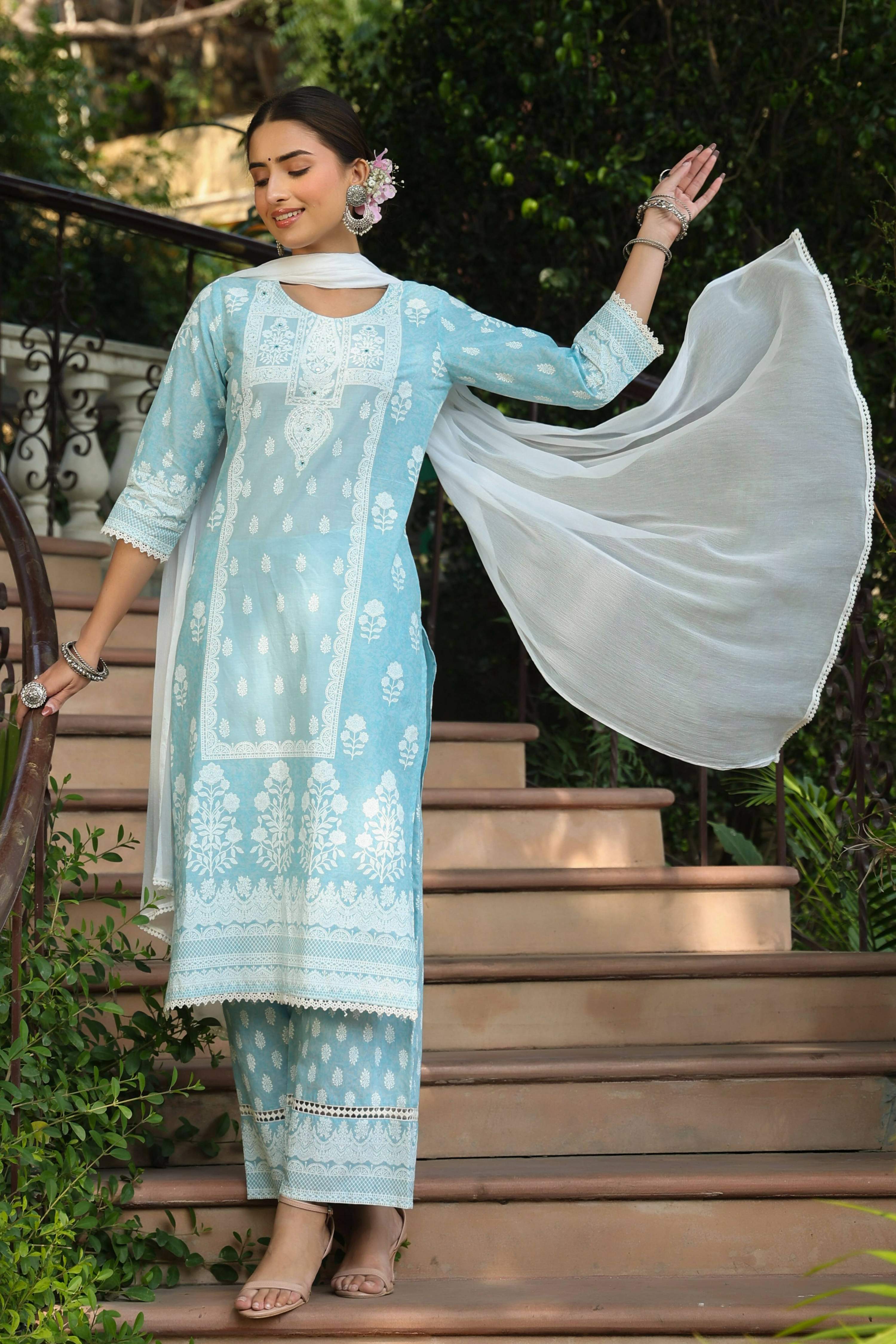 Juniper Women's Skyblue Printed Straight Kurta Sets | Grocsy