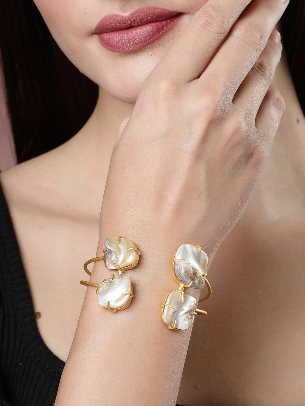 NVR Women's Gold-Polished Mother of Pearl Handcrafted Cuff Bracelet | Grocsy