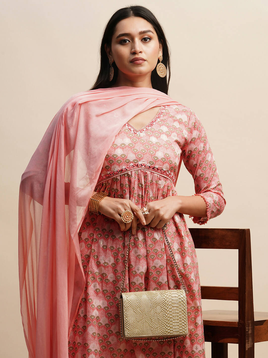 Pink Pure Cotton Floral Printed Naira Cut Kurta And Bottom With Dupatta - Akashara | Grocsy