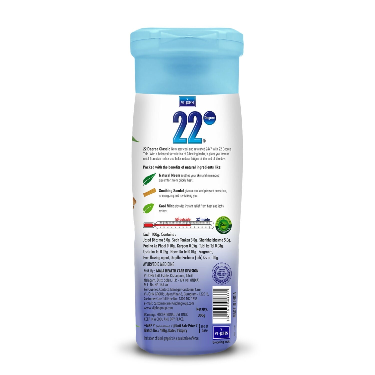 VI-JOHN 22 Degree Cooling Talc Beat the Heat Neem,Sandal and Mint | Grocsy