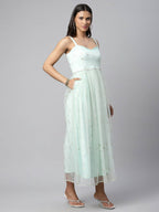 Ahalyaa Women Summer Blue Net Glitter Printed Dress | Grocsy
