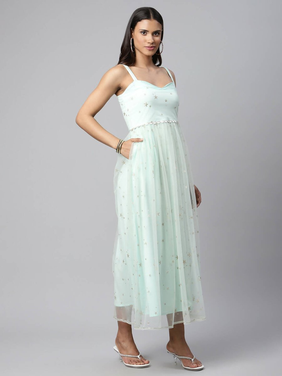 Ahalyaa Women Summer Blue Net Glitter Printed Dress | Grocsy