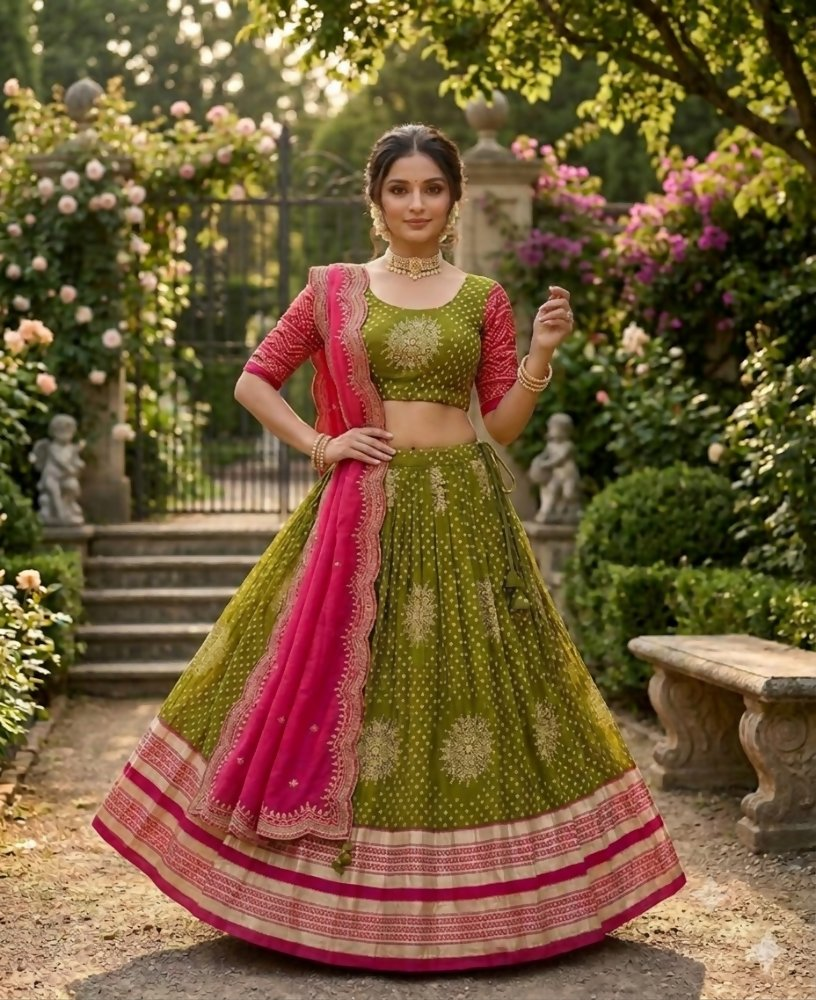 Teeya Creation Festive Olive Green Pink Designer Lehenga Choli Scalloped Border Dupatta | Grocsy
