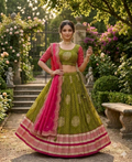 Teeya Creation Festive Olive Green Pink Designer Lehenga Choli Scalloped Border Dupatta | Grocsy