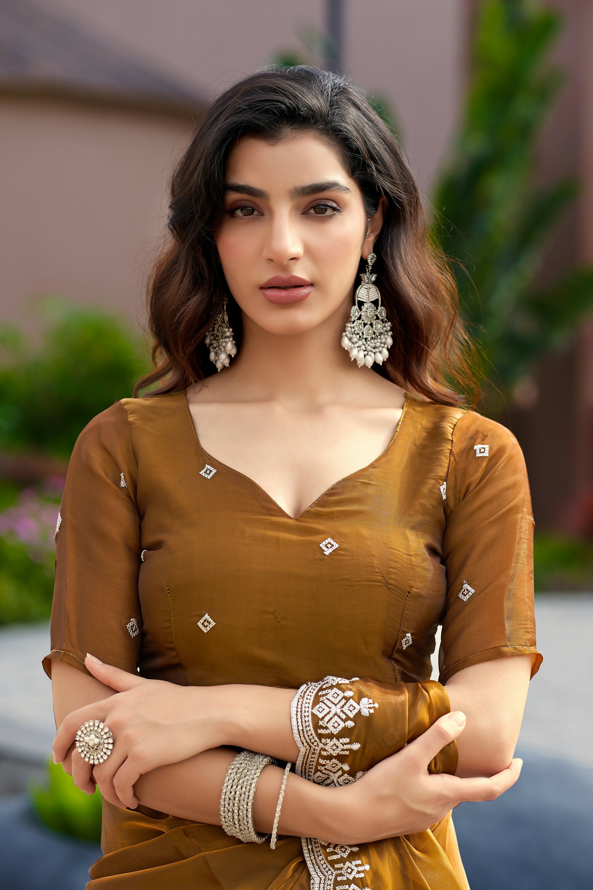 Vastranavya Brown Embroidery Work Shimmer Chiffon Saree with Unstitched Blouse | Grocsy