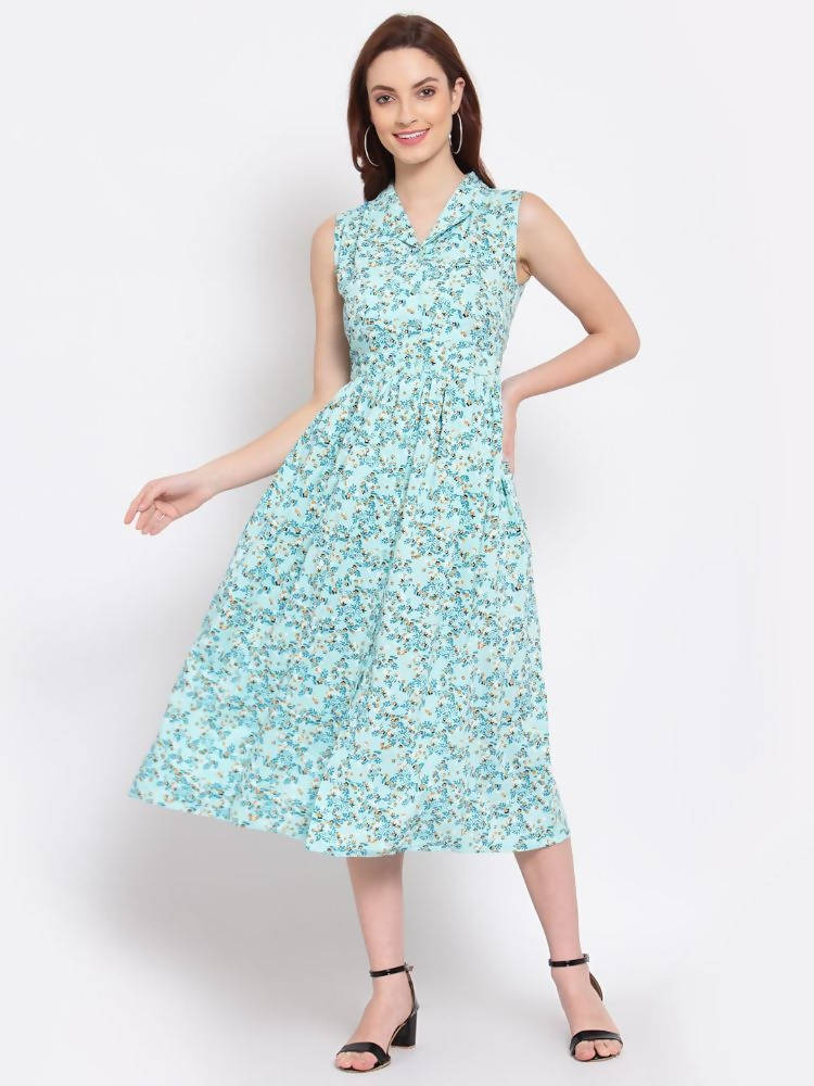 Myshka Women's Green Printed Rayon Sleeveless Collar Neck Casual Dress | Grocsy