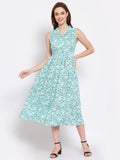 Myshka Women's Green Printed Rayon Sleeveless Collar Neck Casual Dress | Grocsy