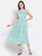 Myshka Women's Green Printed Rayon Sleeveless Collar Neck Casual Dress | Grocsy