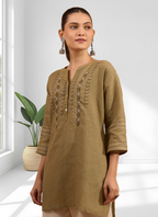 Joban Fashion Light Brown Linen Embroidered Readymade Tunic | Grocsy