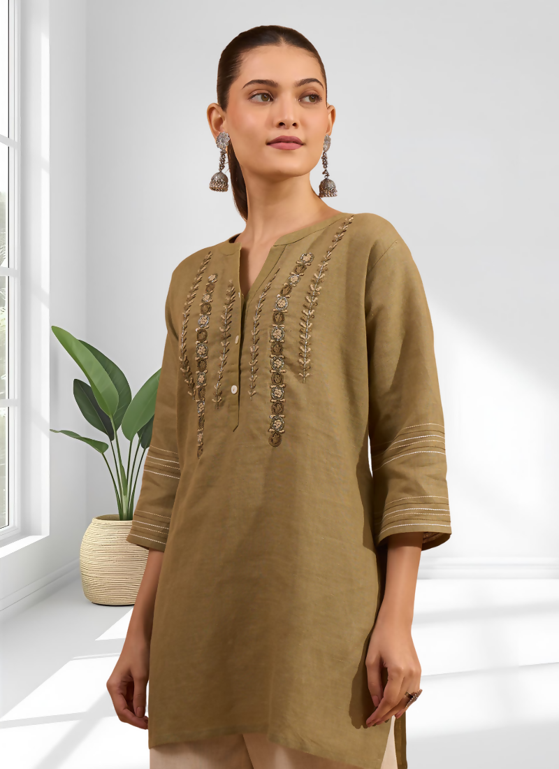 Joban Fashion Light Brown Linen Embroidered Readymade Tunic | Grocsy