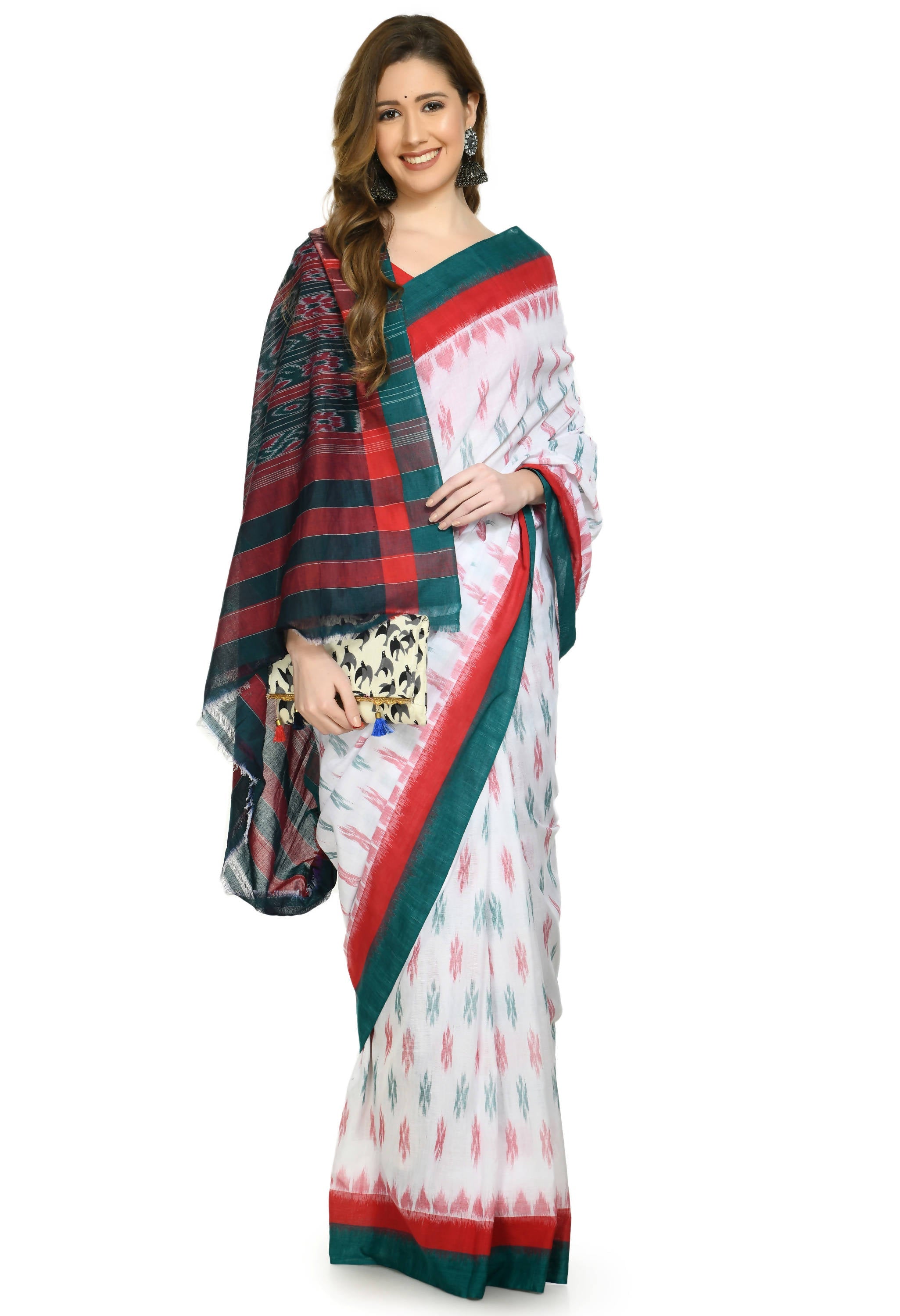 Vamika Sambalpuri Ikat Cotton Dehabandha White, Red & Green Saree | Grocsy