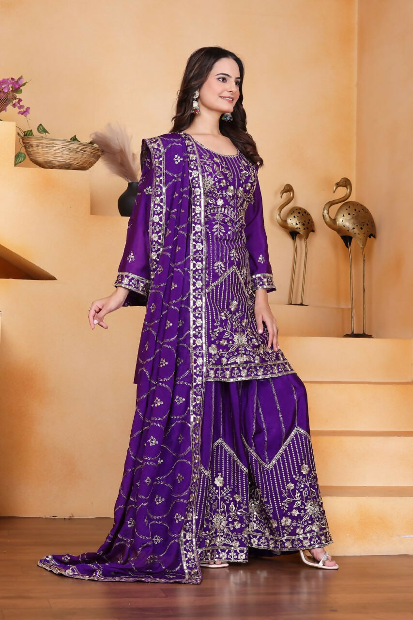 Joban Fashion Purple Silk Embroidered Sharara Set | Grocsy