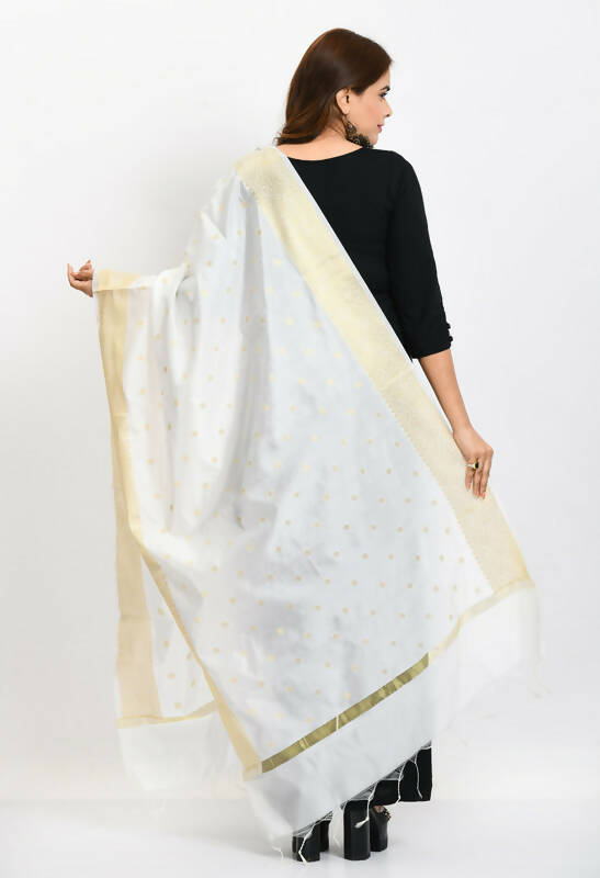 Mominos Fashion Moeza Women's Banarsi Silk Woven Design White Dupatta | Grocsy