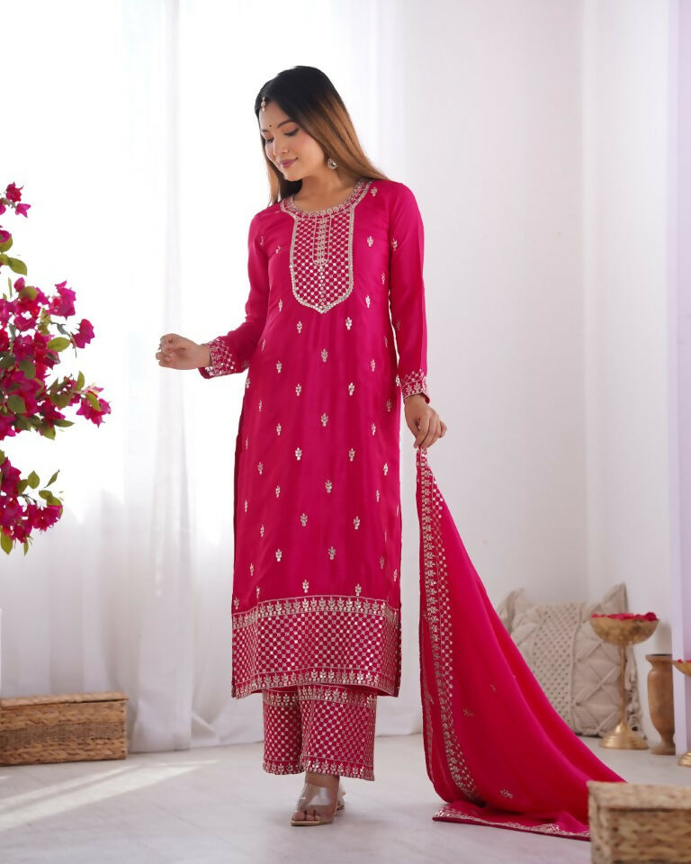 Teeya Creation Pink Color Pure Chinnon Silk Embroidery Work Functional Wear Salwar Suit | Grocsy
