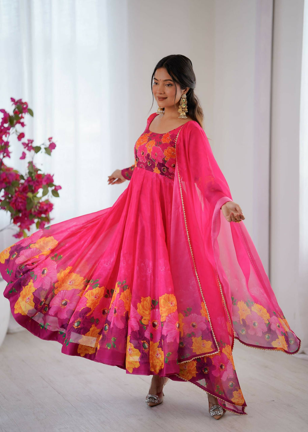 Teeya Creation Womens New Organza Soft Taby Silk Heavy Quality Fabric With Digital Print Pink Gown Set | Grocsy