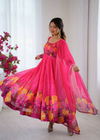 Teeya Creation Womens New Organza Soft Taby Silk Heavy Quality Fabric With Digital Print Pink Gown Set | Grocsy