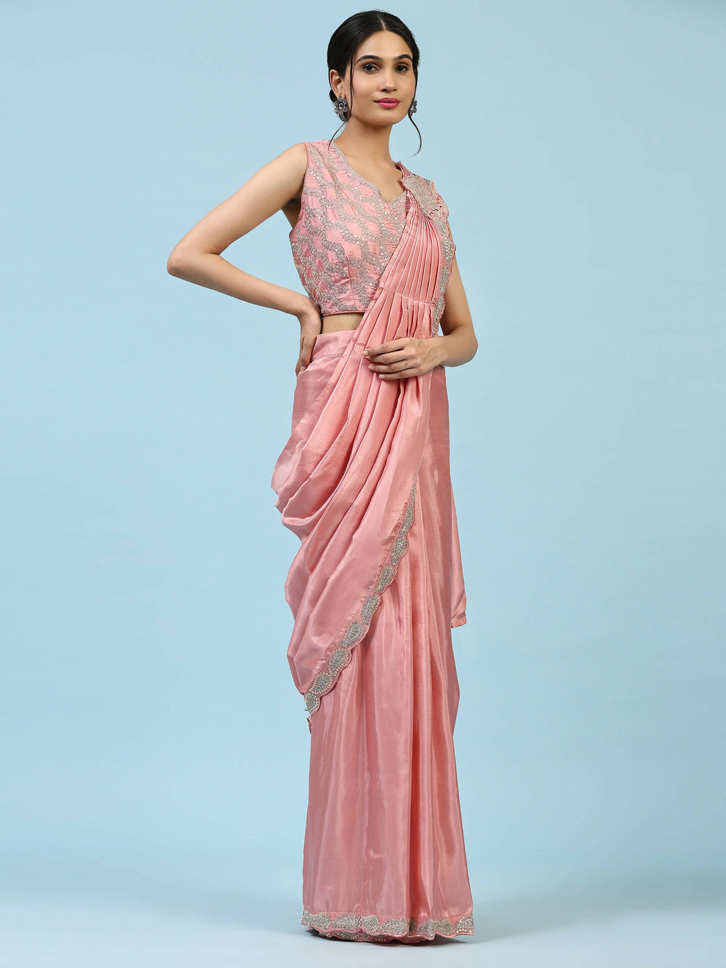 Peach Silk Satin Plain Ready to wear Saree with stitched Blouse - Vrinda | Grocsy