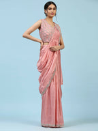 Peach Silk Satin Plain Ready to wear Saree with stitched Blouse - Vrinda | Grocsy