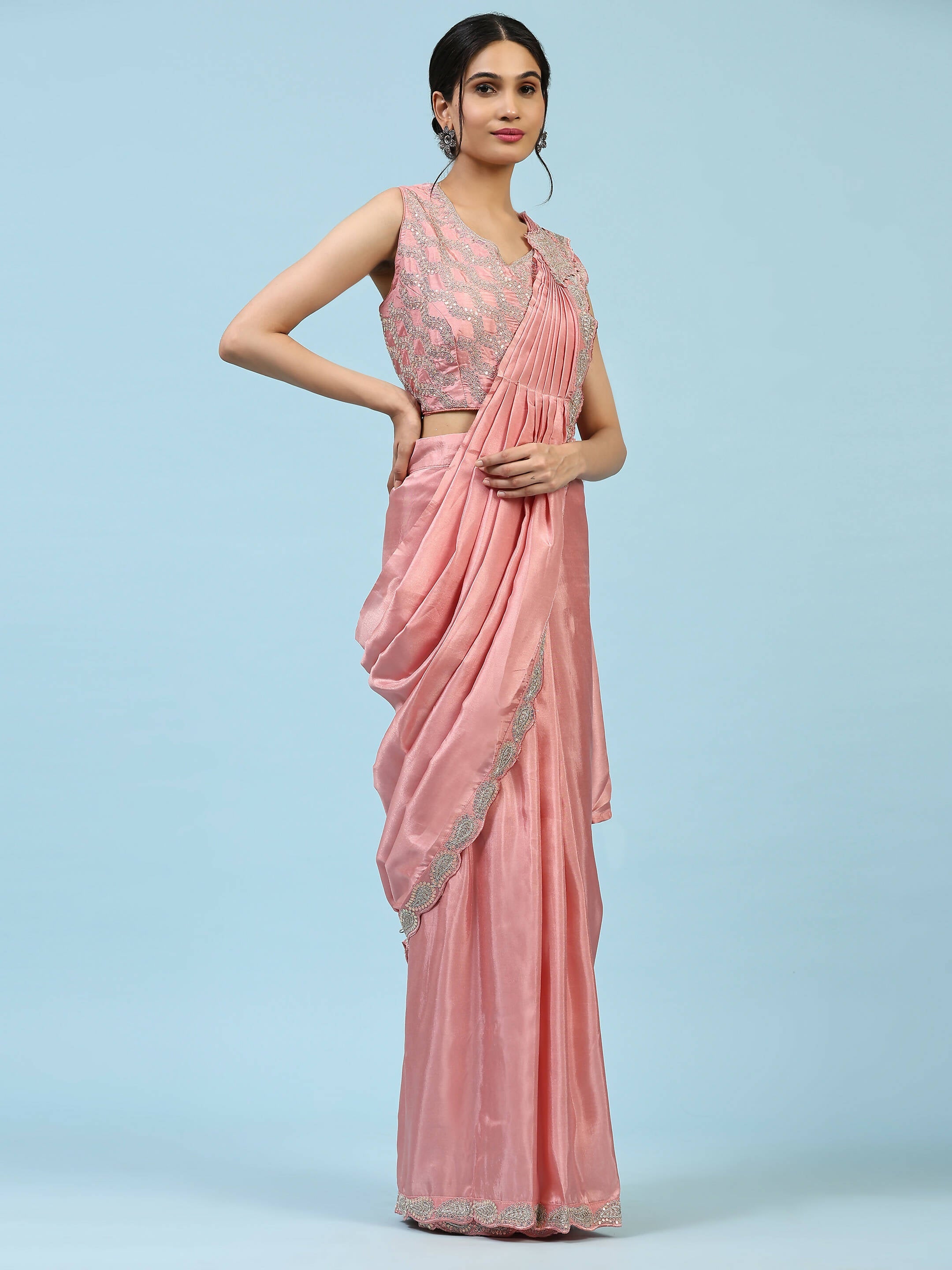 Peach Silk Satin Plain Ready to wear Saree with stitched Blouse - Vrinda | Grocsy