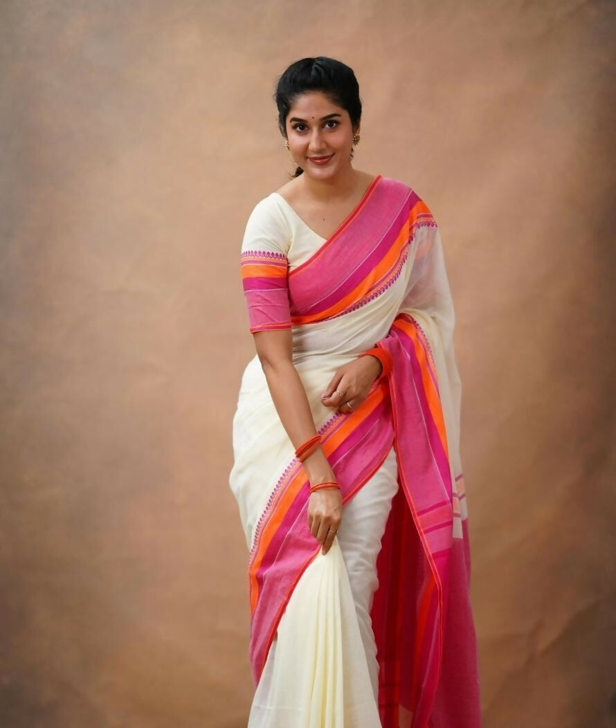 Exclusive Collection Off White Beautiful Khadi Cotton Handloom Saree | Grocsy
