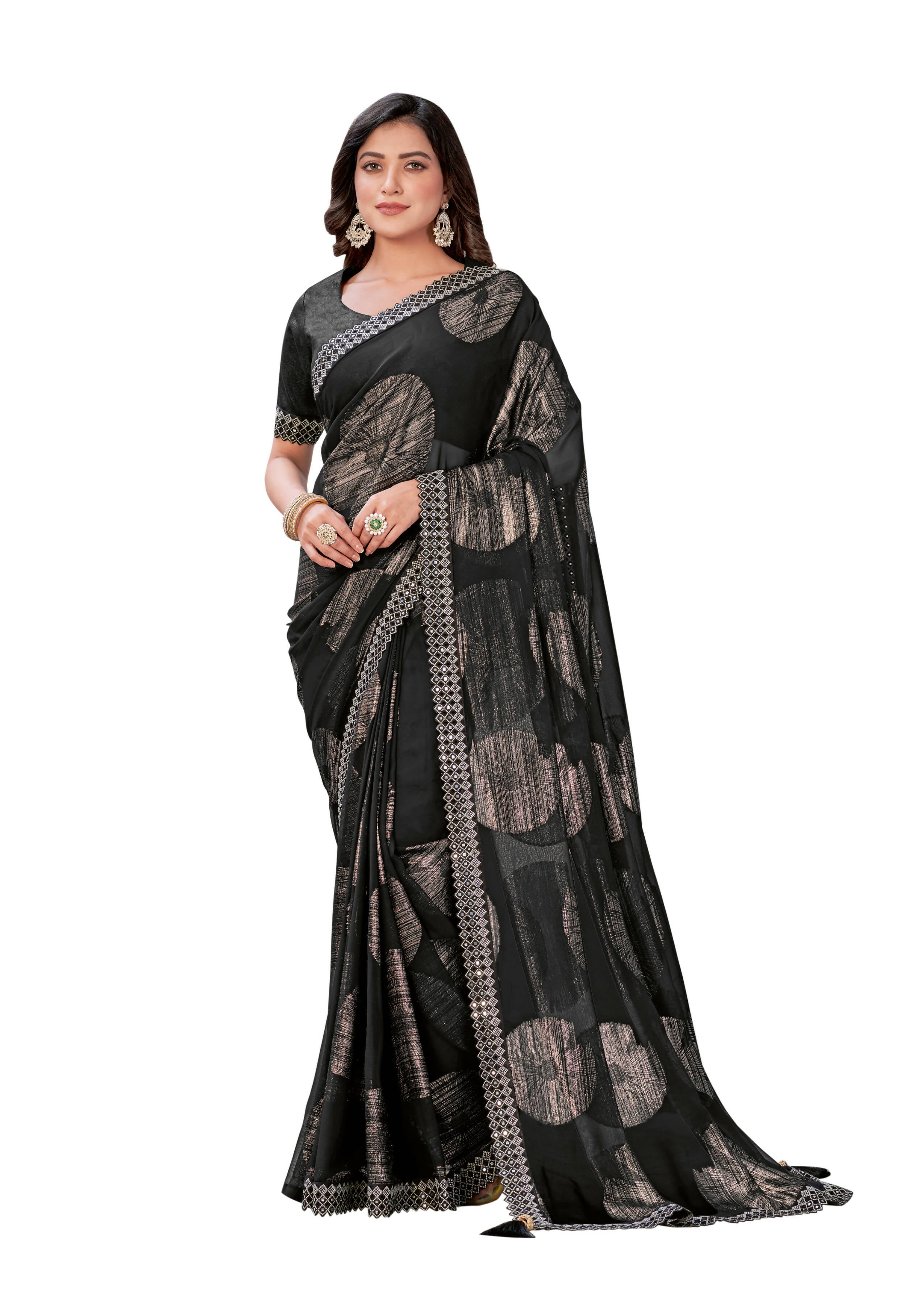 Black Georgette Zari Jacquard Embroidered Border With Mirror Work Saree With Unstitched Blouse Piece - Norita Zaina | Grocsy