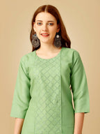 Jyoti Fashion Women's Lime Green Cotton Blend Embroidered Kurta Pant Set | Grocsy