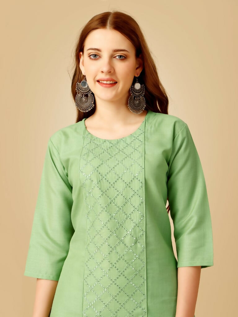 Jyoti Fashion Women's Lime Green Cotton Blend Embroidered Kurta Pant Set | Grocsy