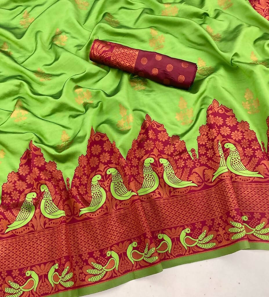 DEIANA'S Beautiful Designer Golden zari Soft Lichi Silk Saree - Pista | Grocsy