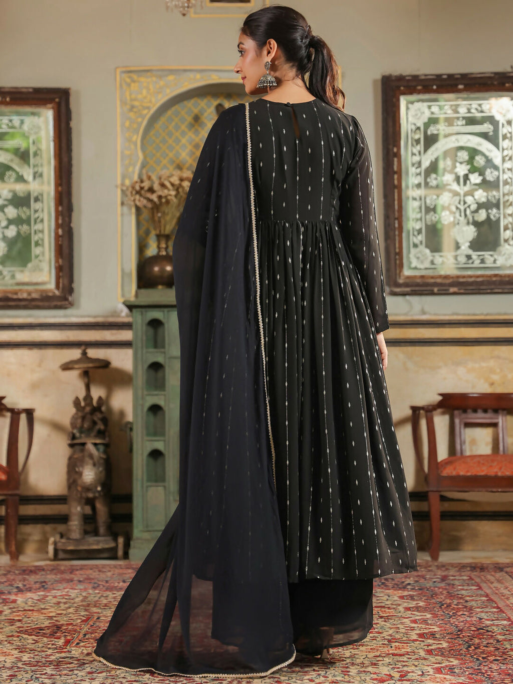 Janasya Black Georgette Foil Print Kurta,Bottom & Dupatta | Grocsy