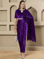 Joban Fashion Women Purple Velvet Hand Embellishment Stitched Dress | Grocsy
