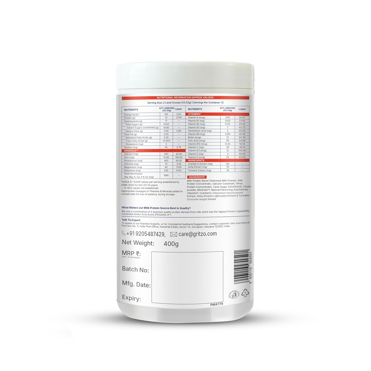 Gritzo SuperMilk Overall Growth (13+y Girls), 12g Protein Powder (Double Chocolate) | Grocsy
