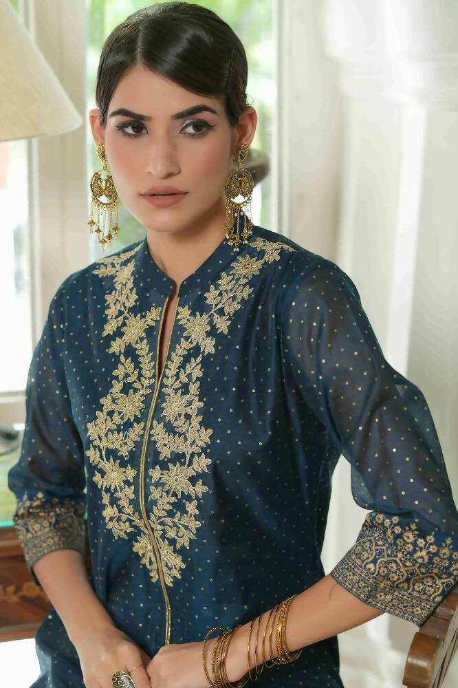 Juniper Blue Chanderi Festive Embroidered Polka Dot Printed A-Line Kurta For Women | Grocsy