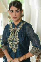 Juniper Blue Chanderi Festive Embroidered Polka Dot Printed A-Line Kurta For Women | Grocsy