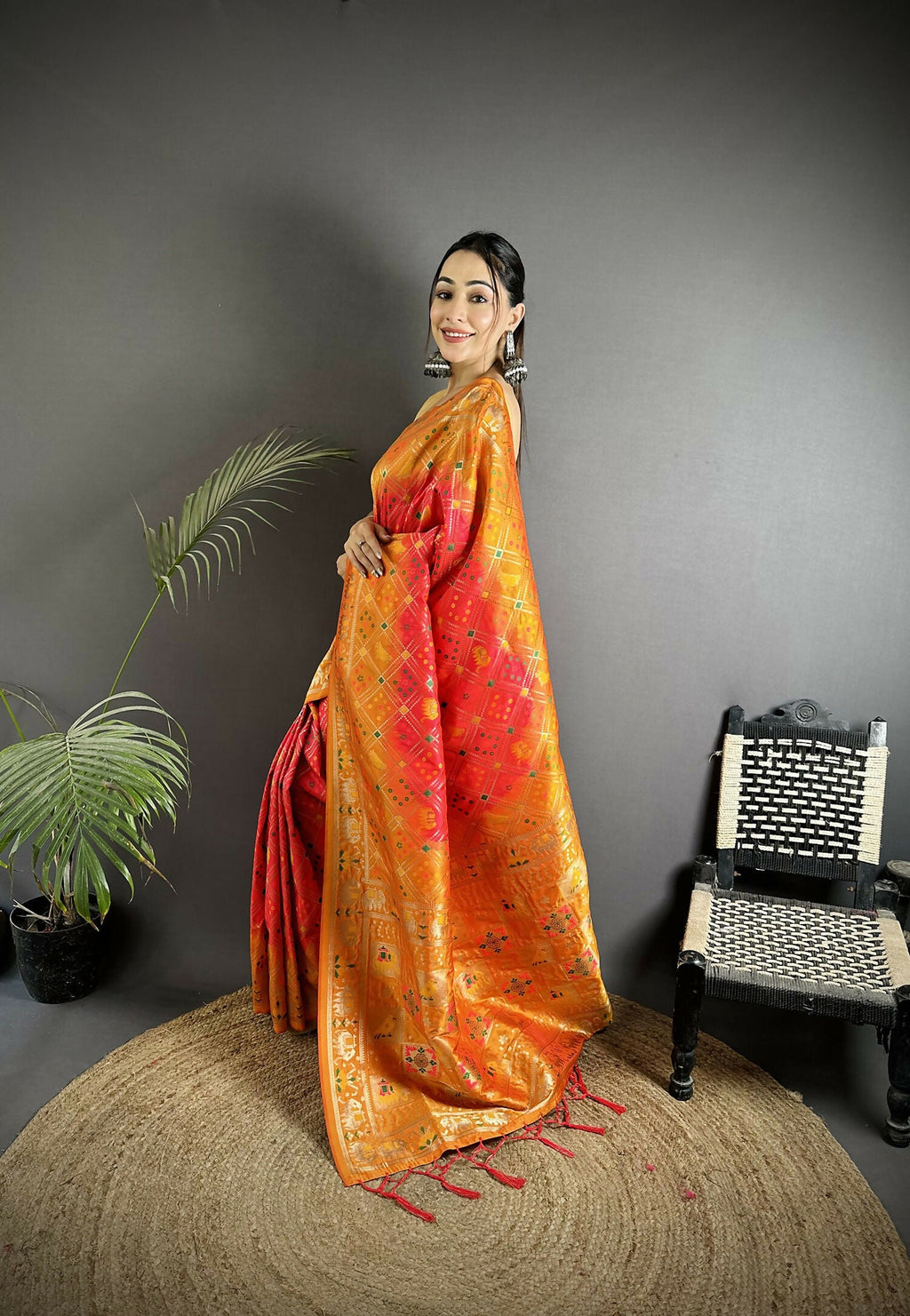 Joban Fashion Pastel Orange Geometric Pattern Soft Silk Patola Saree | Grocsy