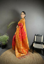 Joban Fashion Pastel Orange Geometric Pattern Soft Silk Patola Saree | Grocsy