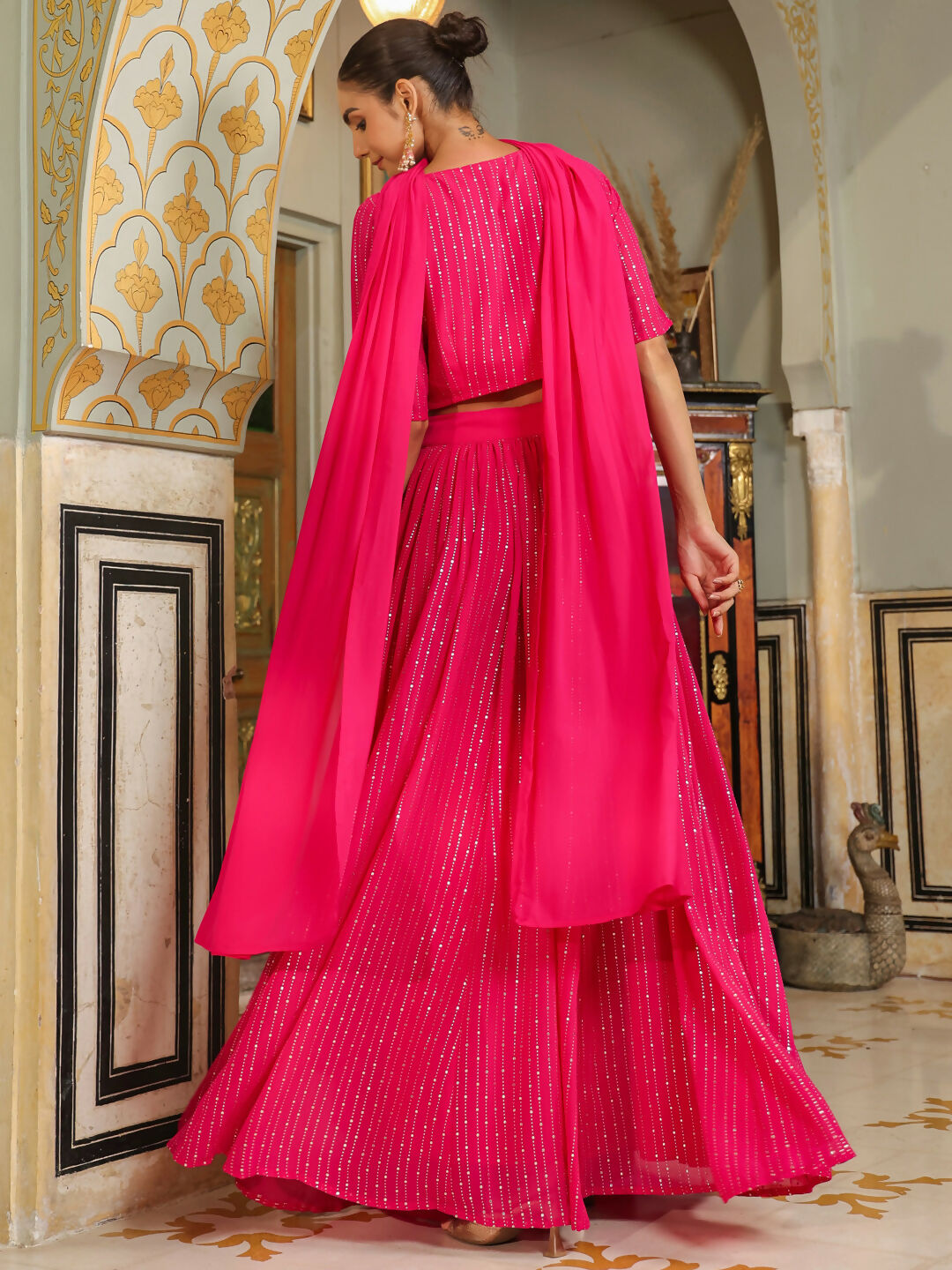 Janasya Pink Georgette Foil Print Lehenga Choli Dupatta | Grocsy