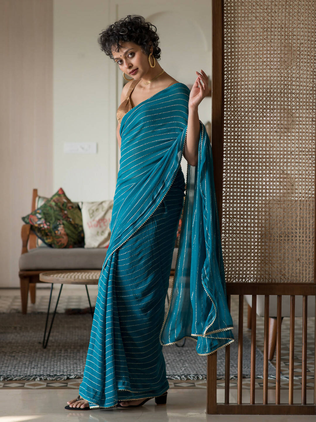 Suta Turquoise Blue Striped Viscose Rayon Saree | Grocsy
