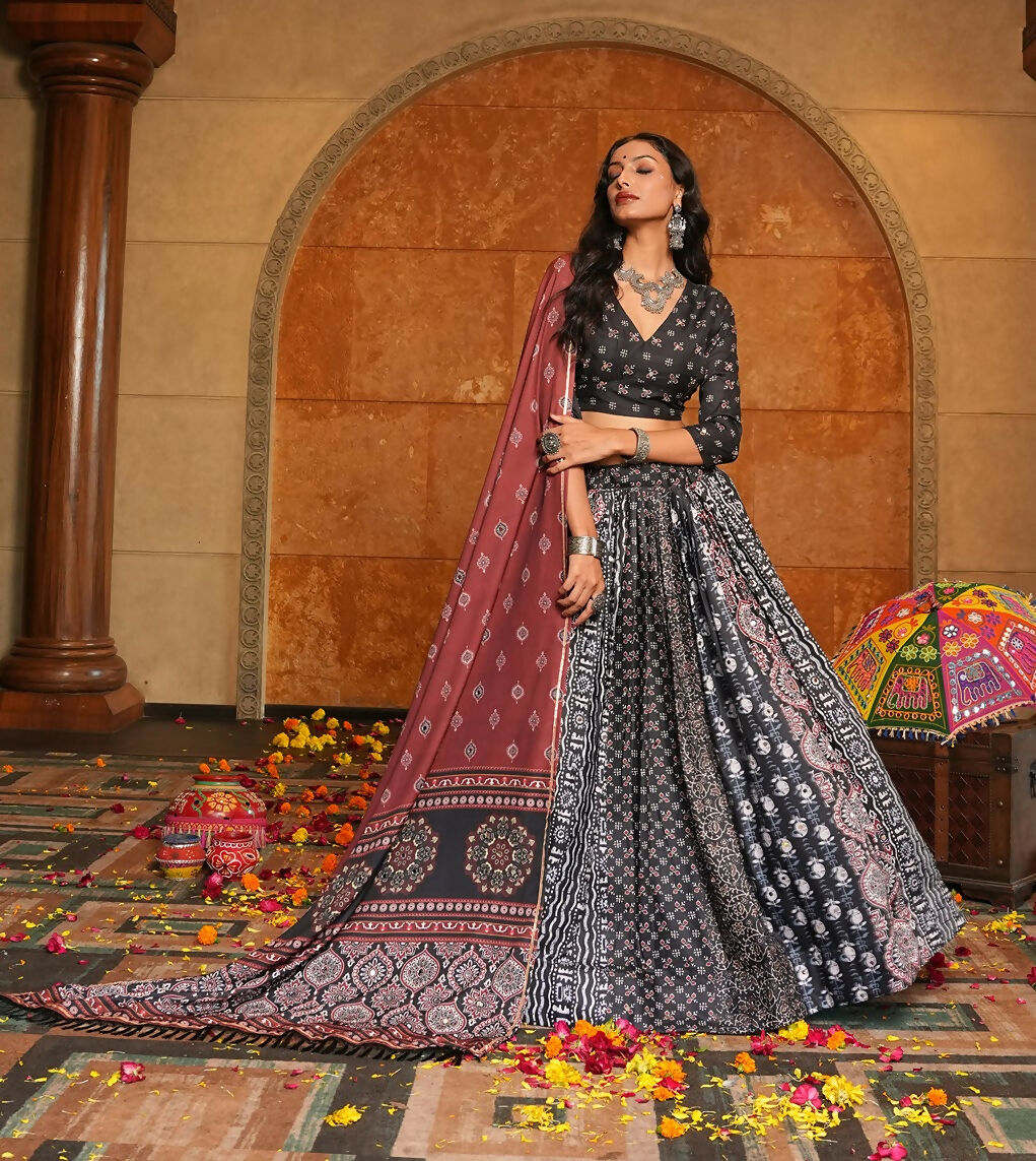 AI Fashion Black Crepe Designer Navratri Wear Lehenga Choli Collection | Grocsy