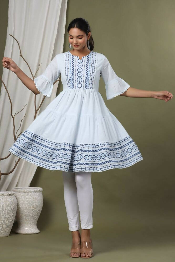 Juniper Sky Blue Cotton Dobby Festive Embroidered Tiered Dress For Women | Grocsy