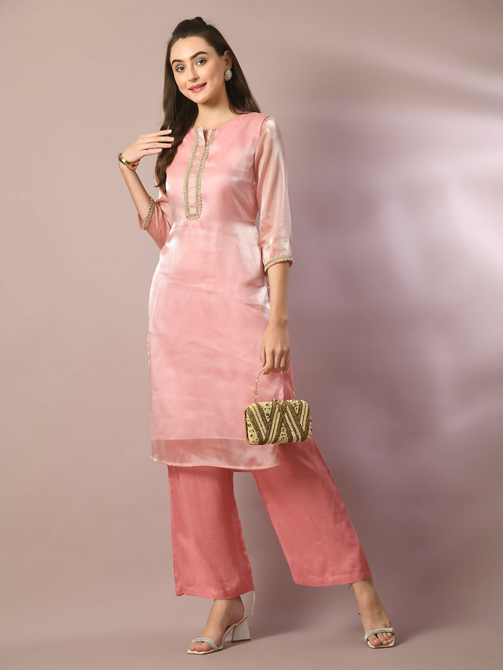 Myshka Women's Pink Solid Straight Party Kurta Set | Grocsy