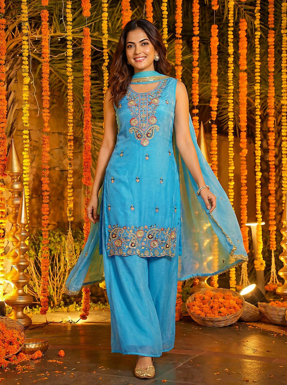 Joban Fashion Blue Silk Embroidered Sharara Set | Grocsy