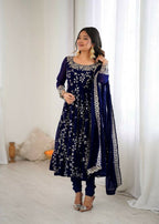 Teeya Creation Blue Color Heavy Faux Georgette Embroidery Work Gown | Grocsy