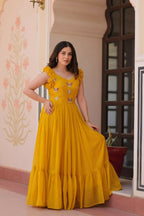 Vastranavya Yellow Faux Blooming With Sequins Multithreaded Beads Embroidered work Gown | Grocsy