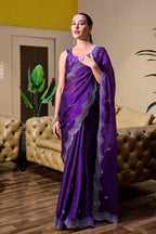 Vastranavya Purple-Blue Embroidery Work Shimmer Chiffon Saree with Unstitched Blouse | Grocsy